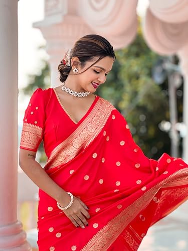 Fluit Lesvetements Pure Red Soft Banarsi Silk Weaving Rich Pallu & Zari Weaving Border Saree Saree for Women with Motif Design with unstiched Pure Soft Silk Weaving Blouse Piece (SONAKSHI_RED)