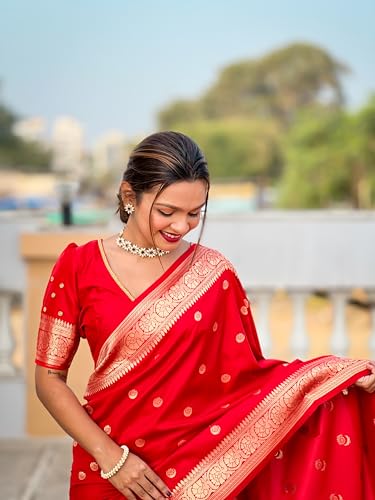 Fluit Lesvetements Pure Red Soft Banarsi Silk Weaving Rich Pallu & Zari Weaving Border Saree Saree for Women with Motif Design with unstiched Pure Soft Silk Weaving Blouse Piece (SONAKSHI_RED)