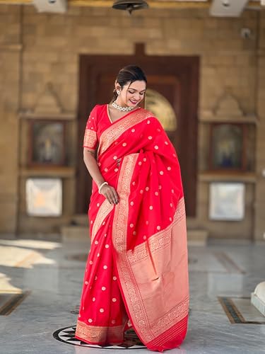 Fluit Lesvetements Pure Red Soft Banarsi Silk Weaving Rich Pallu & Zari Weaving Border Saree Saree for Women with Motif Design with unstiched Pure Soft Silk Weaving Blouse Piece (SONAKSHI_RED)