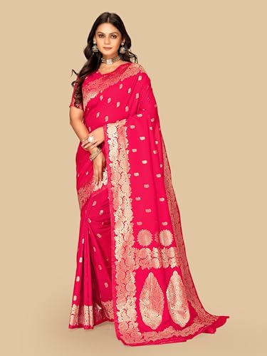 Fluit Lesvetements Women's Banarsi Silk Gajari Saree | Soft Banarasi Style Sari | Golden Meenakari Design & Zari Weaving Pallu |with unstiched Blouse Piece | for Festivals & Weddings