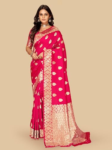 Fluit Lesvetements Women's Banarasi Silk Saree Gajari | Soft Pure Silk with Meenakari Zari Weaving | Traditional Wedding Saree with Unstitched Blouse Piece | for Festivals & Functions