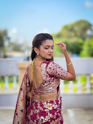 Fluit Lesvetements Pure Wine Soft Dolla Silk Meenakari Design Rich Tesseled Pallu & Zari Weaving Border Saree for Women with Unstiched Pure Soft Silk Weaving Blouse Piece (DOLLA_FLOWER_VALLEY)