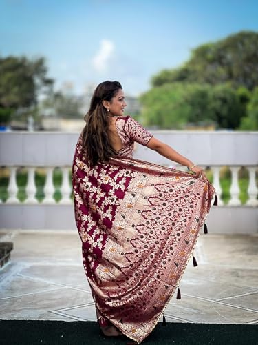 Fluit Lesvetements Pure Wine Soft Dolla Silk Meenakari Design Rich Tesseled Pallu & Zari Weaving Border Saree for Women with Unstiched Pure Soft Silk Weaving Blouse Piece (DOLLA_FLOWER_VALLEY)