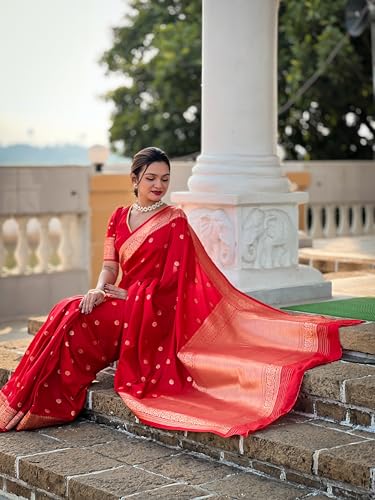Fluit Lesvetements Pure Red Soft Banarsi Silk Weaving Rich Pallu & Zari Weaving Border Saree Saree for Women with Motif Design with unstiched Pure Soft Silk Weaving Blouse Piece (SONAKSHI_RED)