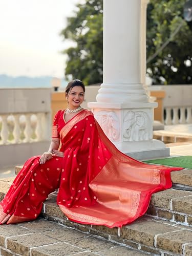 Fluit Lesvetements Pure Red Soft Banarsi Silk Weaving Rich Pallu & Zari Weaving Border Saree Saree for Women with Motif Design with unstiched Pure Soft Silk Weaving Blouse Piece (SONAKSHI_RED)