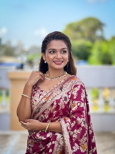 Fluit Lesvetements Pure Wine Soft Dolla Silk Meenakari Design Rich Tesseled Pallu & Zari Weaving Border Saree for Women with Unstiched Pure Soft Silk Weaving Blouse Piece (DOLLA_FLOWER_VALLEY)