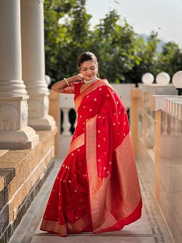 Fluit Lesvetements Pure Red Soft Banarsi Silk Weaving Rich Pallu & Zari Weaving Border Saree Saree for Women with Motif Design with unstiched Pure Soft Silk Weaving Blouse Piece (SONAKSHI_RED)