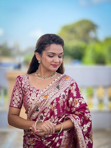 Fluit Lesvetements Pure Wine Soft Dolla Silk Meenakari Design Rich Tesseled Pallu & Zari Weaving Border Saree for Women with Unstiched Pure Soft Silk Weaving Blouse Piece (DOLLA_FLOWER_VALLEY)