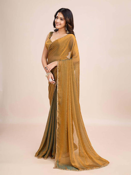 Fluit Lesvetements Women's Shimmer Chiffon soft silk two tone saree with Lace Boarder Shiny Stone and Diamond Work Saree With Unstitched Blouse Piece(5.5 mt Saree with 0.8 mt blouse piece)