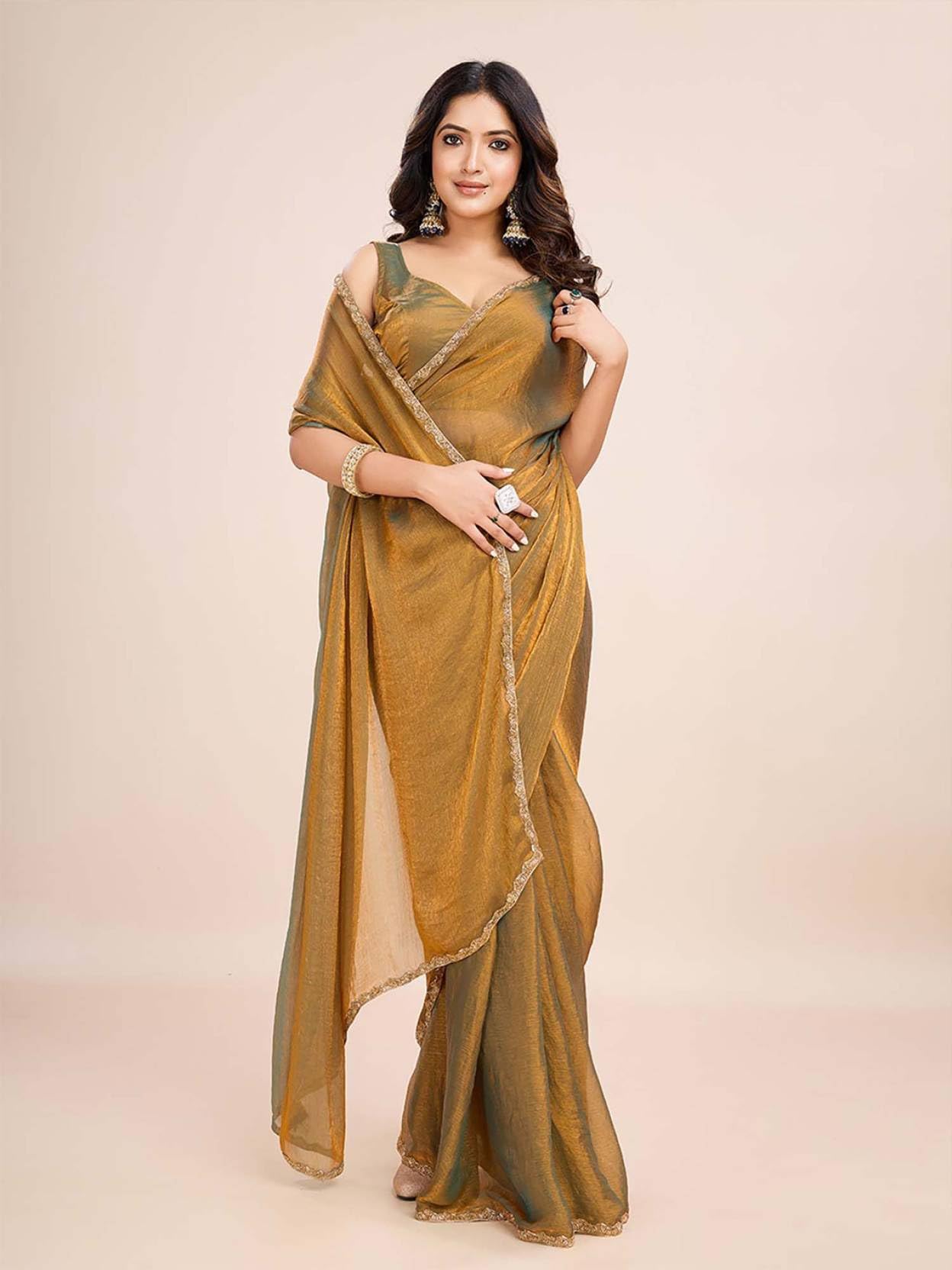 Fluit Lesvetements Women's Shimmer Chiffon soft silk two tone saree with Lace Boarder Shiny Stone and Diamond Work Saree With Unstitched Blouse Piece(5.5 mt Saree with 0.8 mt blouse piece)
