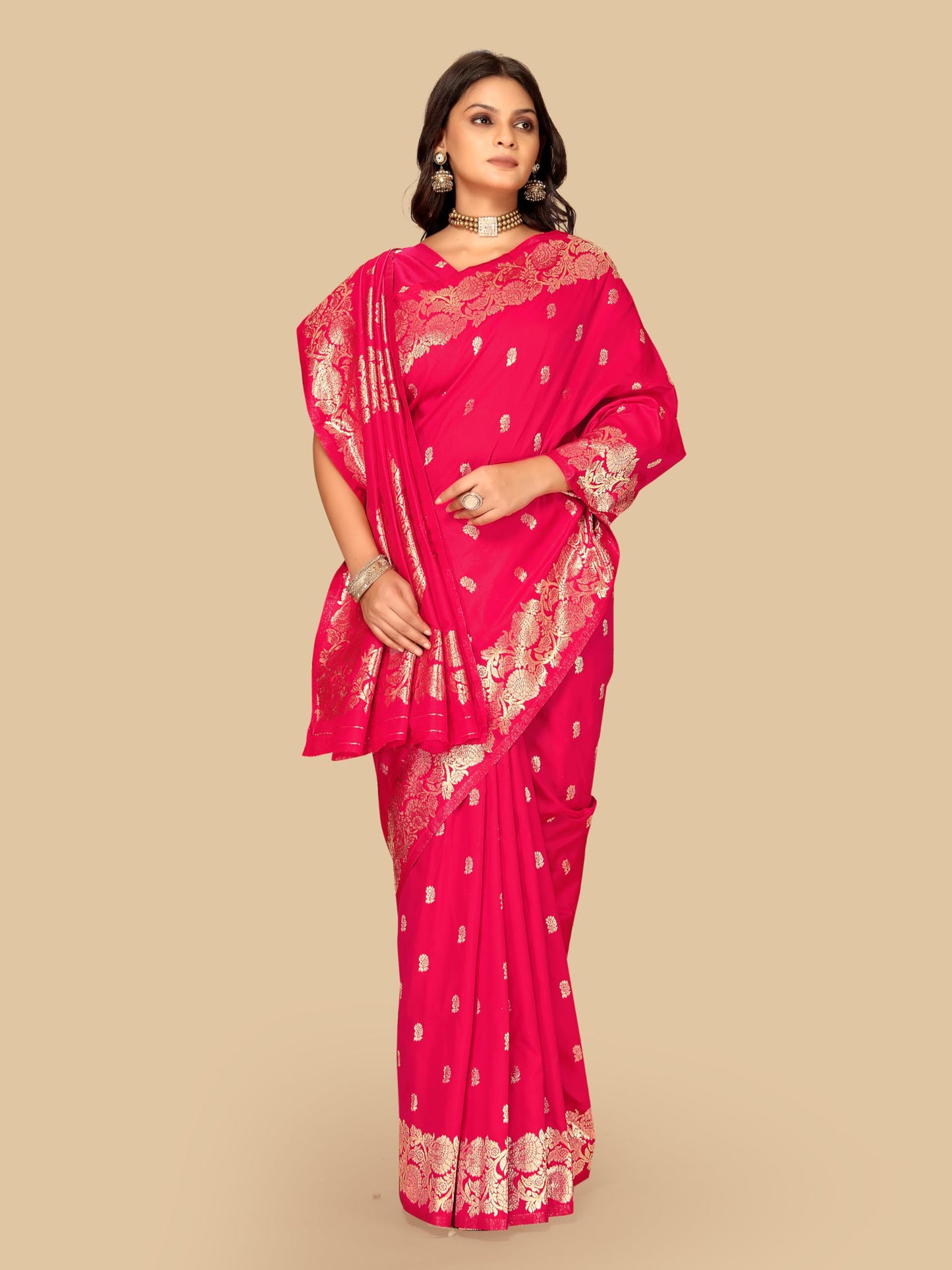 Fluit Lesvetements Women's Banarsi Silk Gajari Saree | Soft Banarasi Style Sari | Golden Meenakari Design & Zari Weaving Pallu |with unstiched Blouse Piece | for Festivals & Weddings