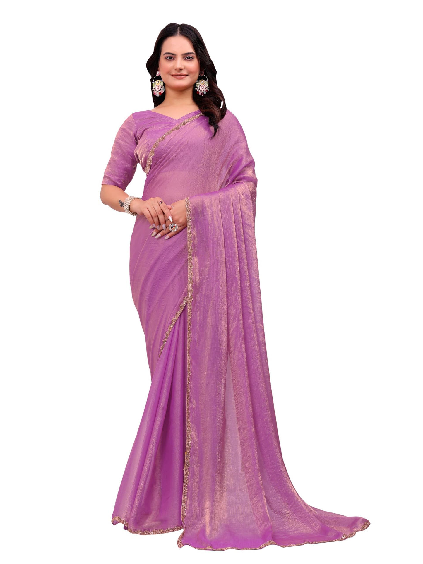 Fluit Lesvetements Women's Shimmer Chiffon soft silk two tone saree with Lace Boarder Shiny Stone and Diamond Work Saree With Unstitched Blouse Piece(5.5 mt Saree with 0.8 mt blouse piece)