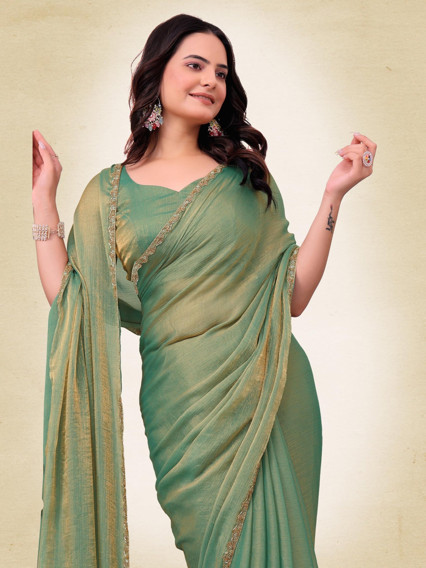 Fluit Lesvetements Women's Shimmer Chiffon soft silk two tone saree with Lace Boarder Shiny Stone and Diamond Work Saree With Unstitched Blouse Piece(5.5 mt Saree with 0.8 mt blouse piece)