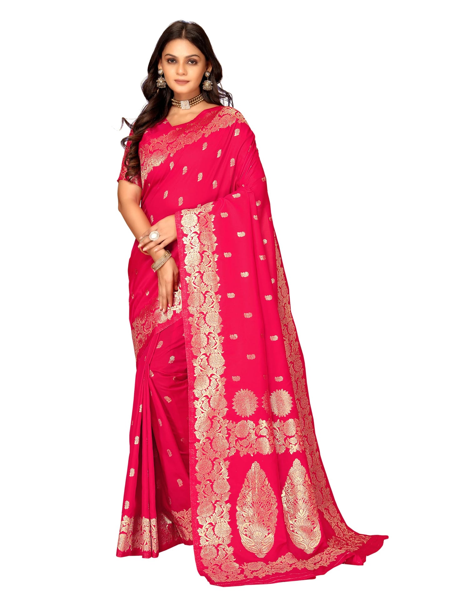 Fluit Lesvetements Women's Banarsi Silk Gajari Saree | Soft Banarasi Style Sari | Golden Meenakari Design & Zari Weaving Pallu |with unstiched Blouse Piece | for Festivals & Weddings