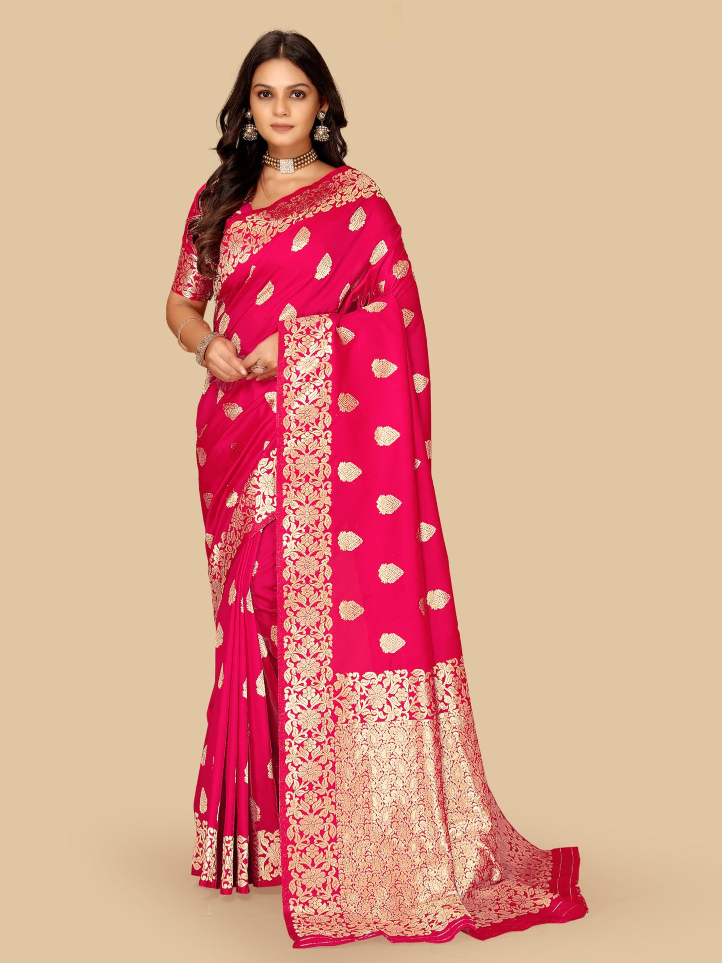 Fluit Lesvetements Women's Banarasi Silk Saree Gajari | Soft Pure Silk with Meenakari Zari Weaving | Traditional Wedding Saree with Unstitched Blouse Piece | for Festivals & Functions