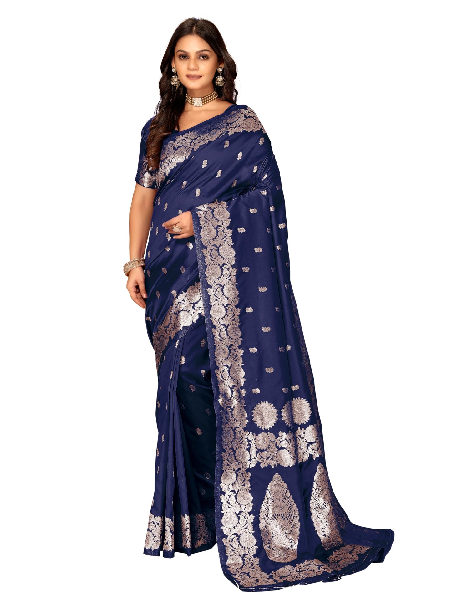 Fluit Lesvetements Women's Banarsi Silk Gajari Saree | Soft Banarasi Style Sari | Golden Meenakari Design & Zari Weaving Pallu |with unstiched Blouse Piece | for Festivals & Weddings