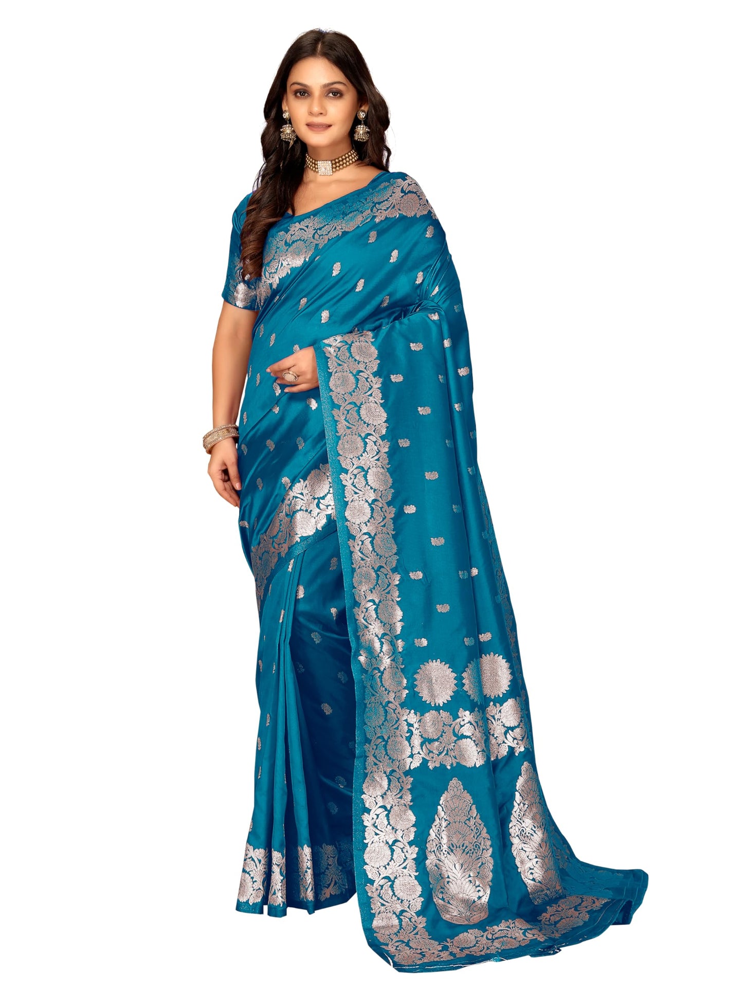 Fluit Lesvetements Women's Banarsi Silk Gajari Saree | Soft Banarasi Style Sari | Golden Meenakari Design & Zari Weaving Pallu |with unstiched Blouse Piece | for Festivals & Weddings