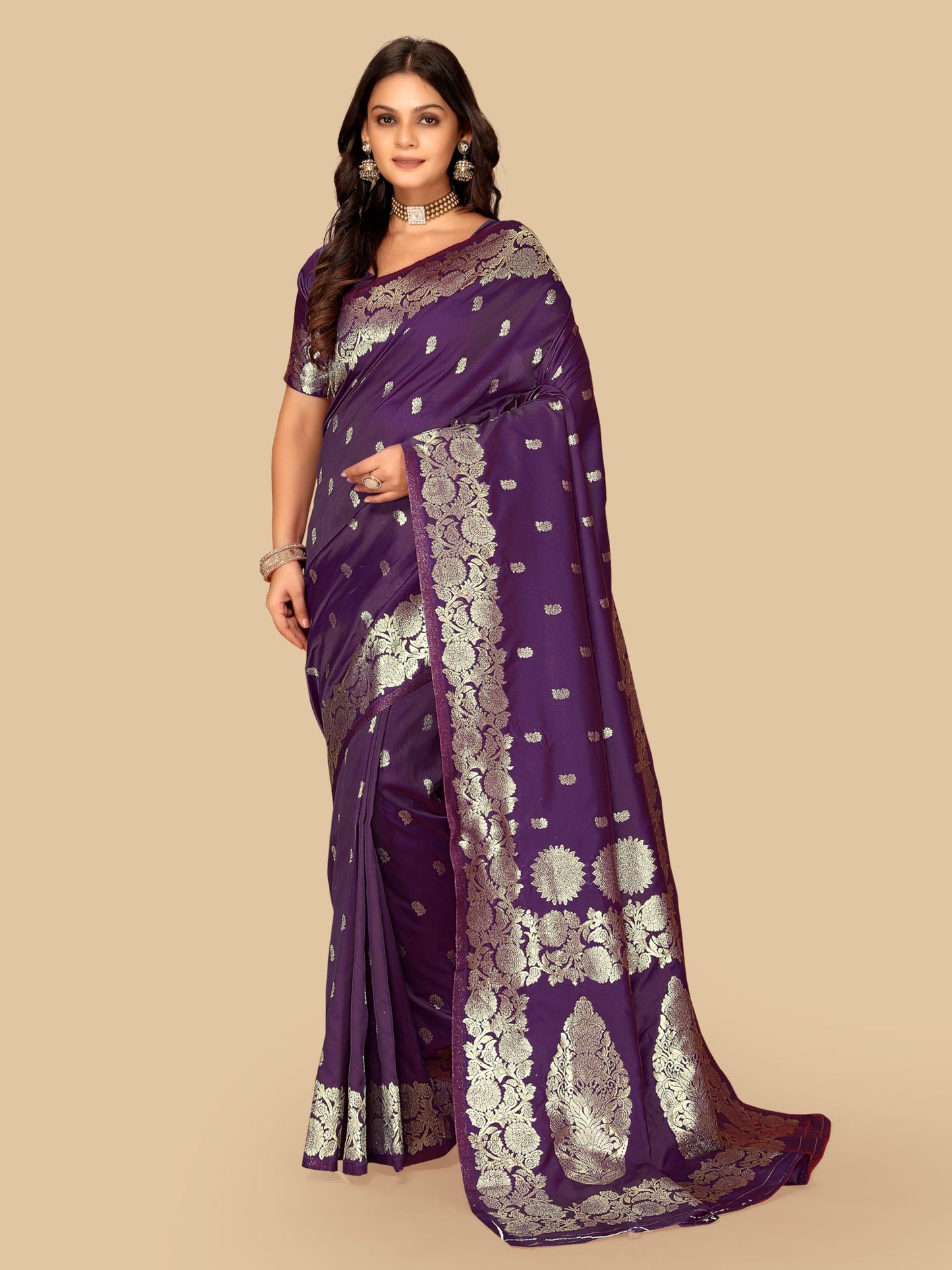 Fluit Lesvetements Women's Banarsi Silk Gajari Saree | Soft Banarasi Style Sari | Golden Meenakari Design & Zari Weaving Pallu |with unstiched Blouse Piece | for Festivals & Weddings