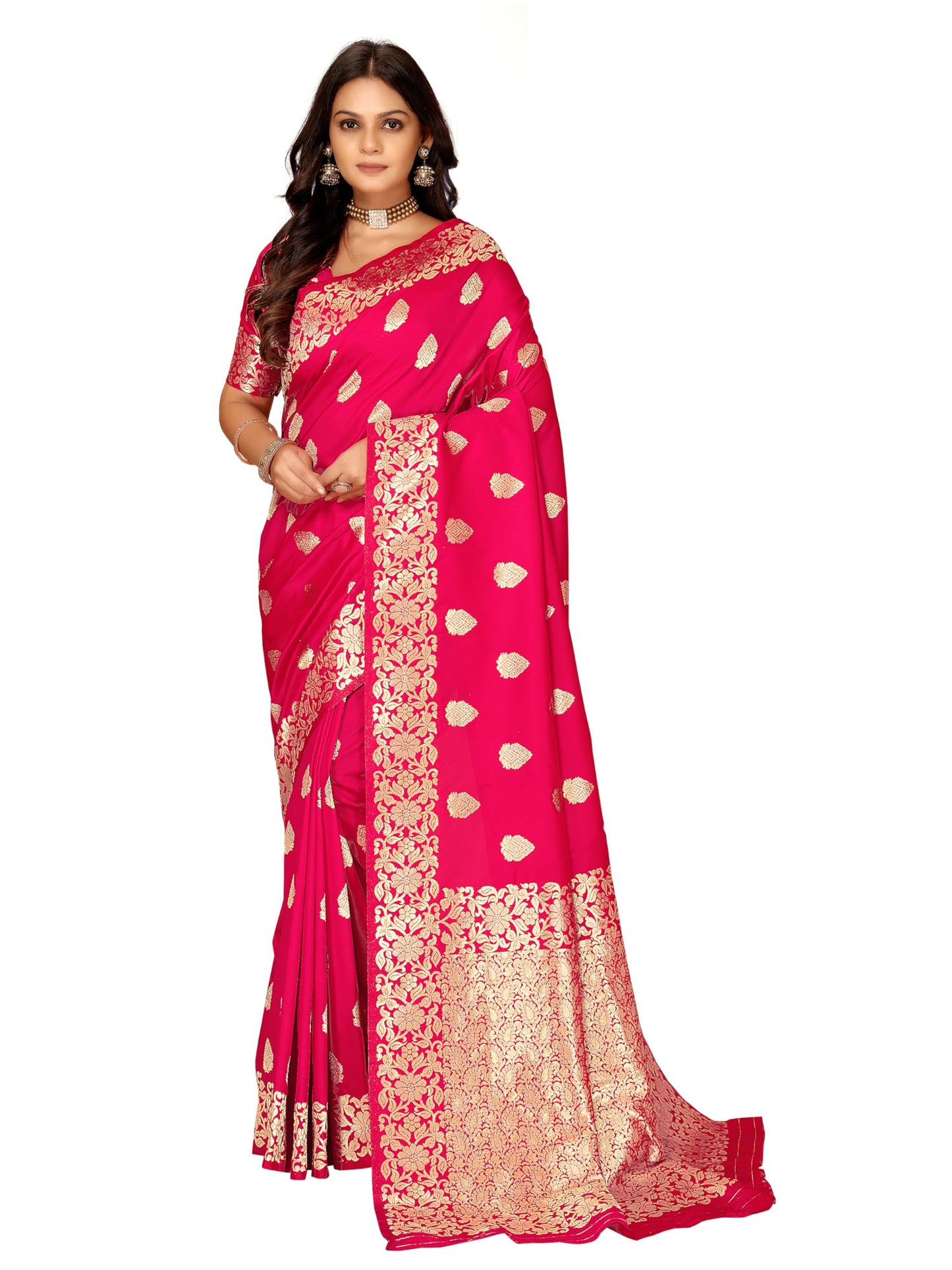 Fluit Lesvetements Women's Banarasi Silk Saree Gajari | Soft Pure Silk with Meenakari Zari Weaving | Traditional Wedding Saree with Unstitched Blouse Piece | for Festivals & Functions