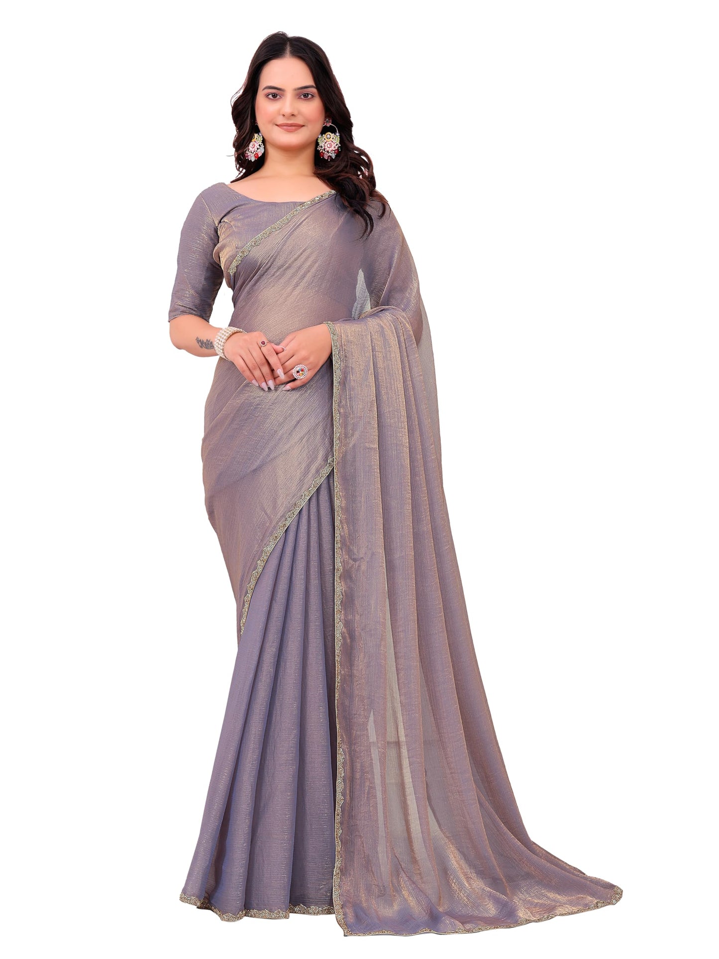 Fluit Lesvetements Women's Shimmer Chiffon soft silk two tone saree with Lace Boarder Shiny Stone and Diamond Work Saree With Unstitched Blouse Piece(5.5 mt Saree with 0.8 mt blouse piece)