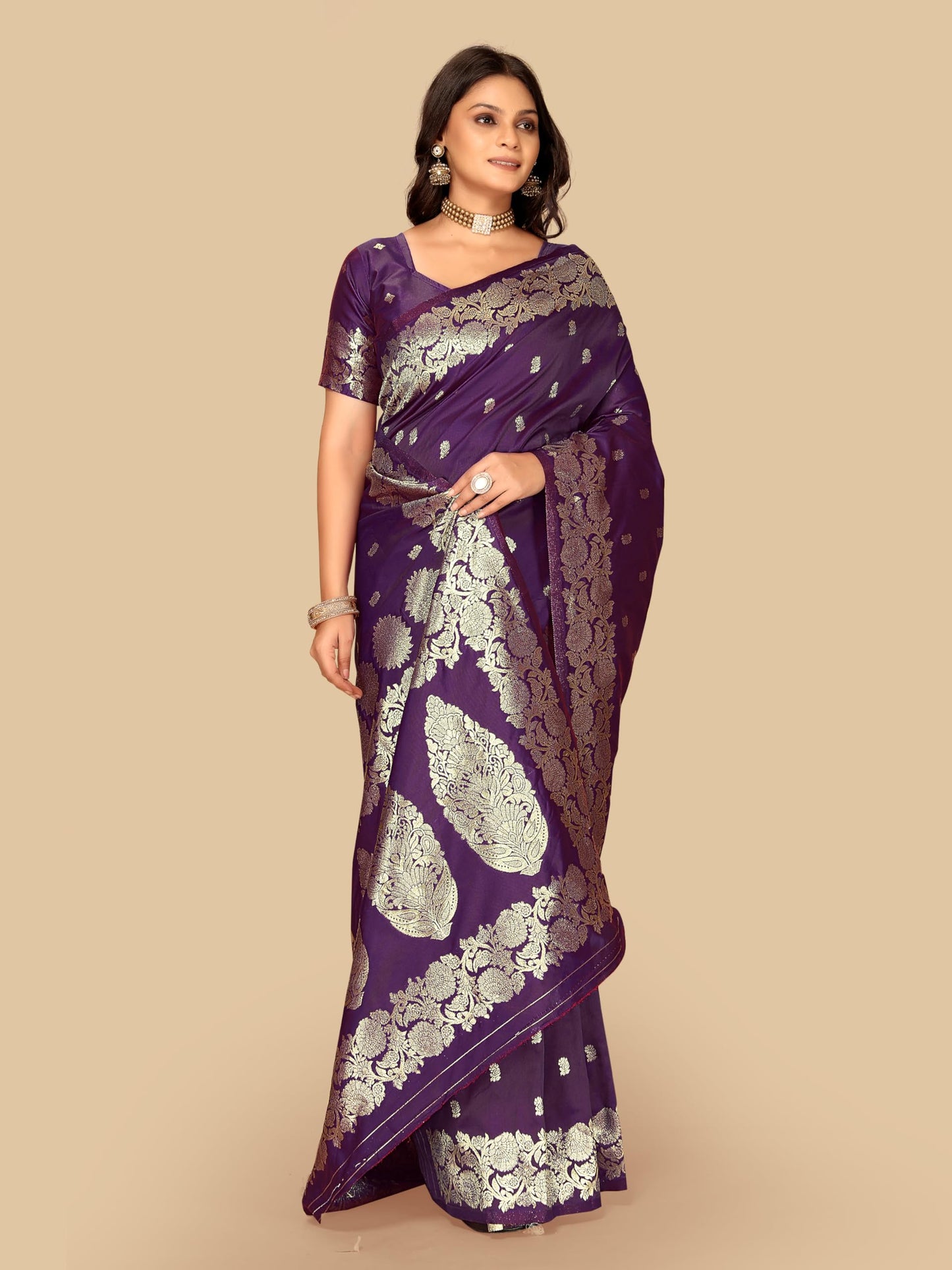 Fluit Lesvetements Women's Banarsi Silk Gajari Saree | Soft Banarasi Style Sari | Golden Meenakari Design & Zari Weaving Pallu |with unstiched Blouse Piece | for Festivals & Weddings