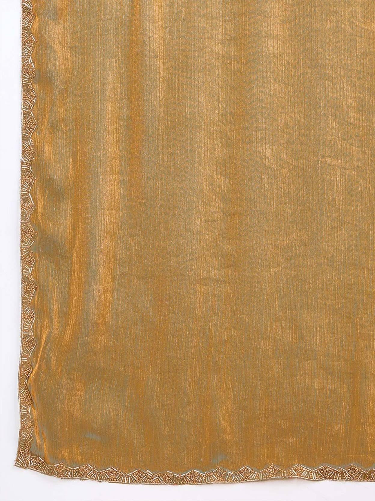 Fluit Lesvetements Women's Shimmer Chiffon soft silk two tone saree with Lace Boarder Shiny Stone and Diamond Work Saree With Unstitched Blouse Piece(5.5 mt Saree with 0.8 mt blouse piece)