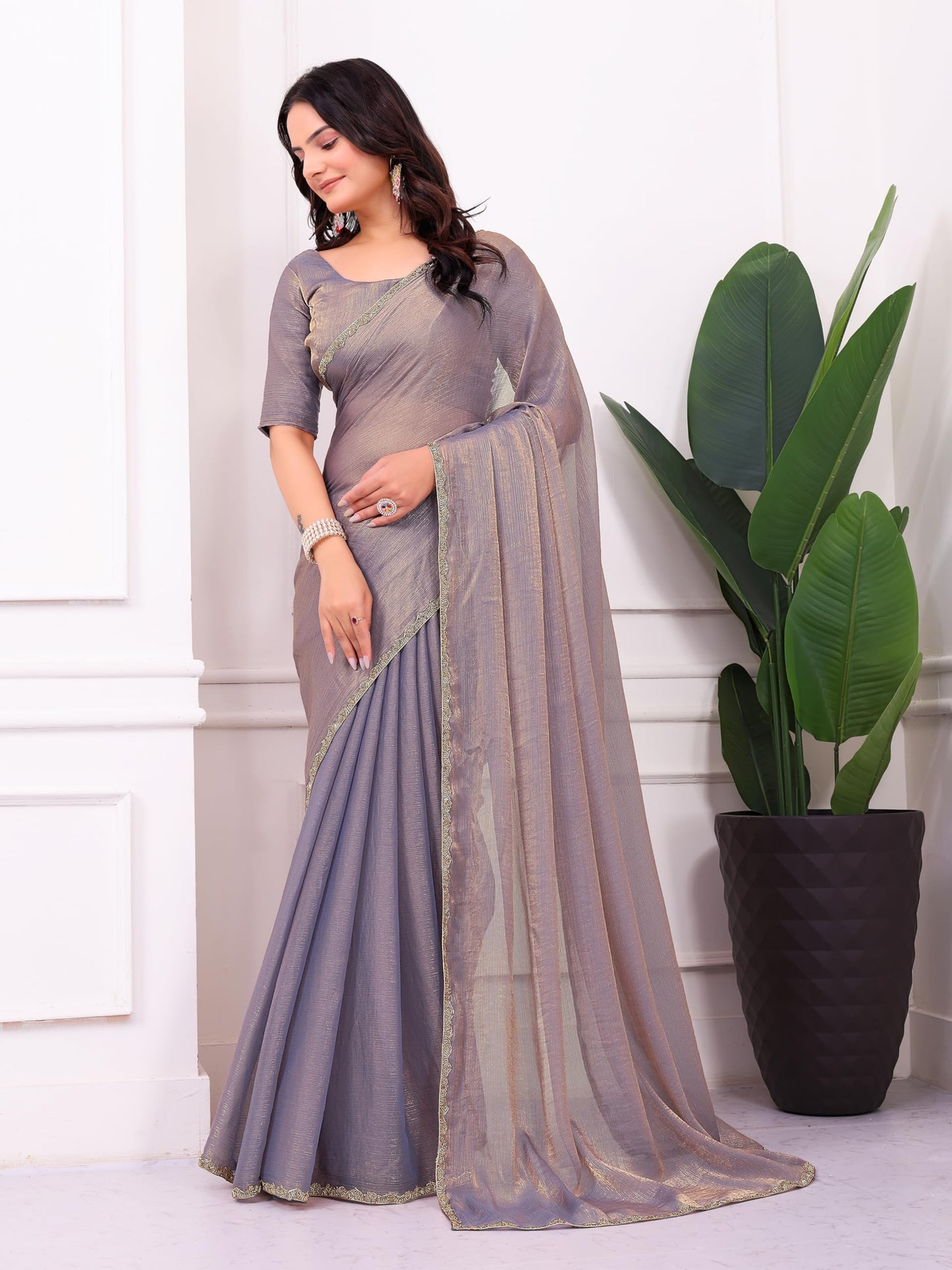 Fluit Lesvetements Women's Shimmer Chiffon soft silk two tone saree with Lace Boarder Shiny Stone and Diamond Work Saree With Unstitched Blouse Piece(5.5 mt Saree with 0.8 mt blouse piece)