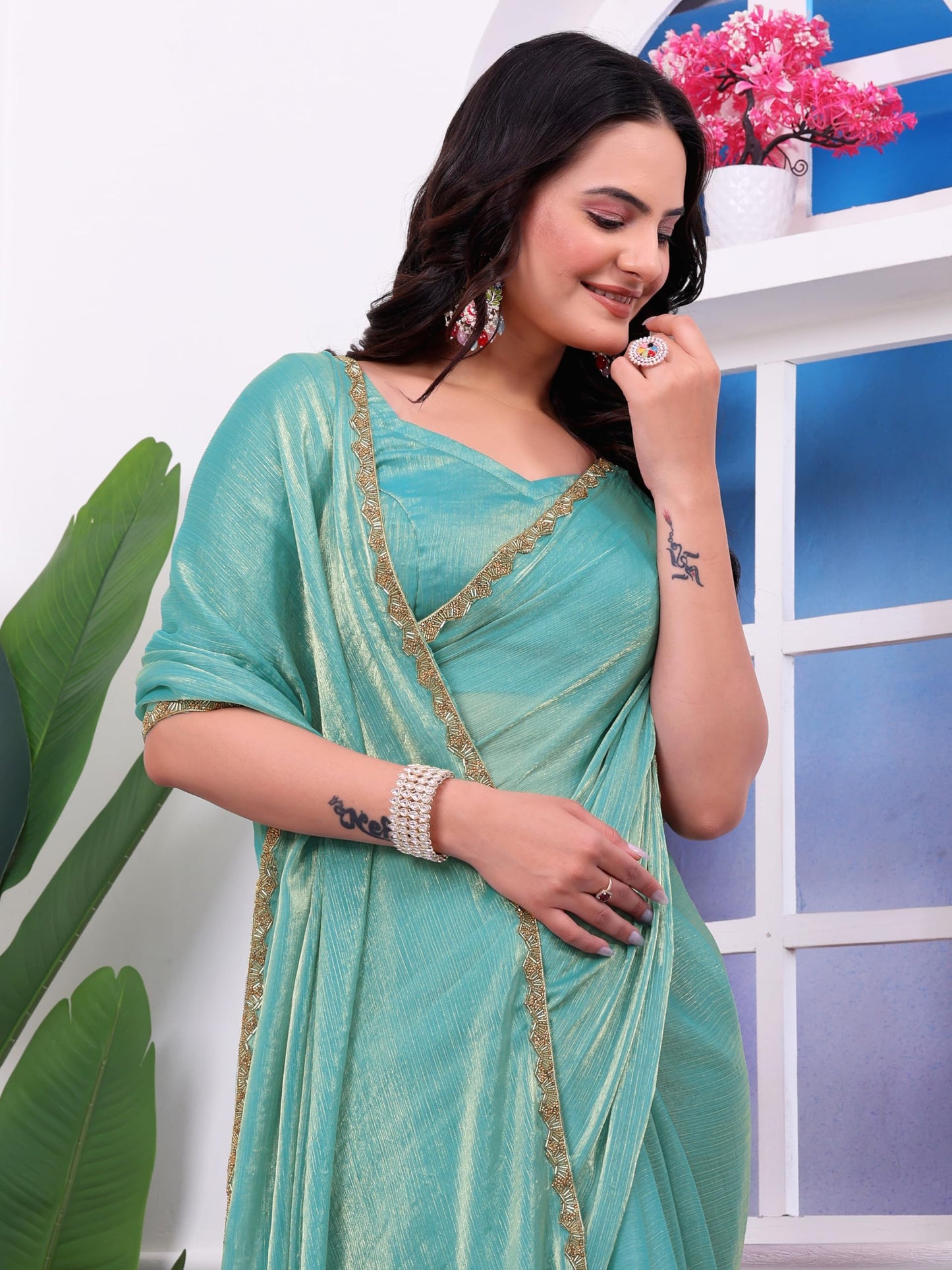 Fluit Lesvetements Women's Shimmer Chiffon soft silk two tone saree with Lace Boarder Shiny Stone and Diamond Work Saree With Unstitched Blouse Piece(5.5 mt Saree with 0.8 mt blouse piece)