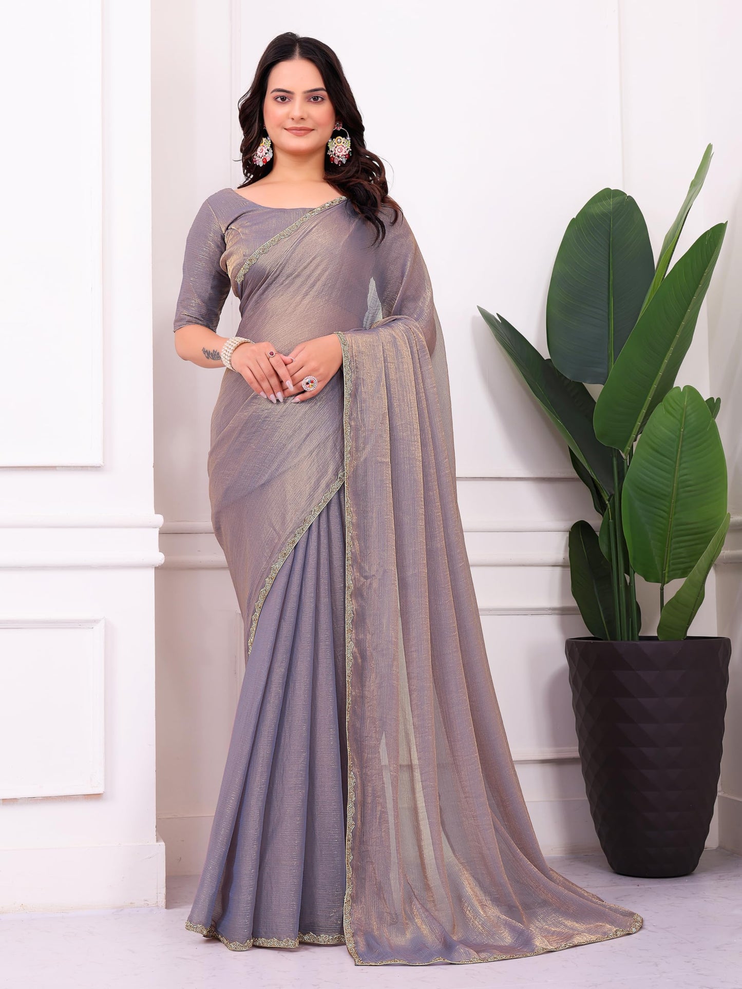 Fluit Lesvetements Women's Shimmer Chiffon soft silk two tone saree with Lace Boarder Shiny Stone and Diamond Work Saree With Unstitched Blouse Piece(5.5 mt Saree with 0.8 mt blouse piece)