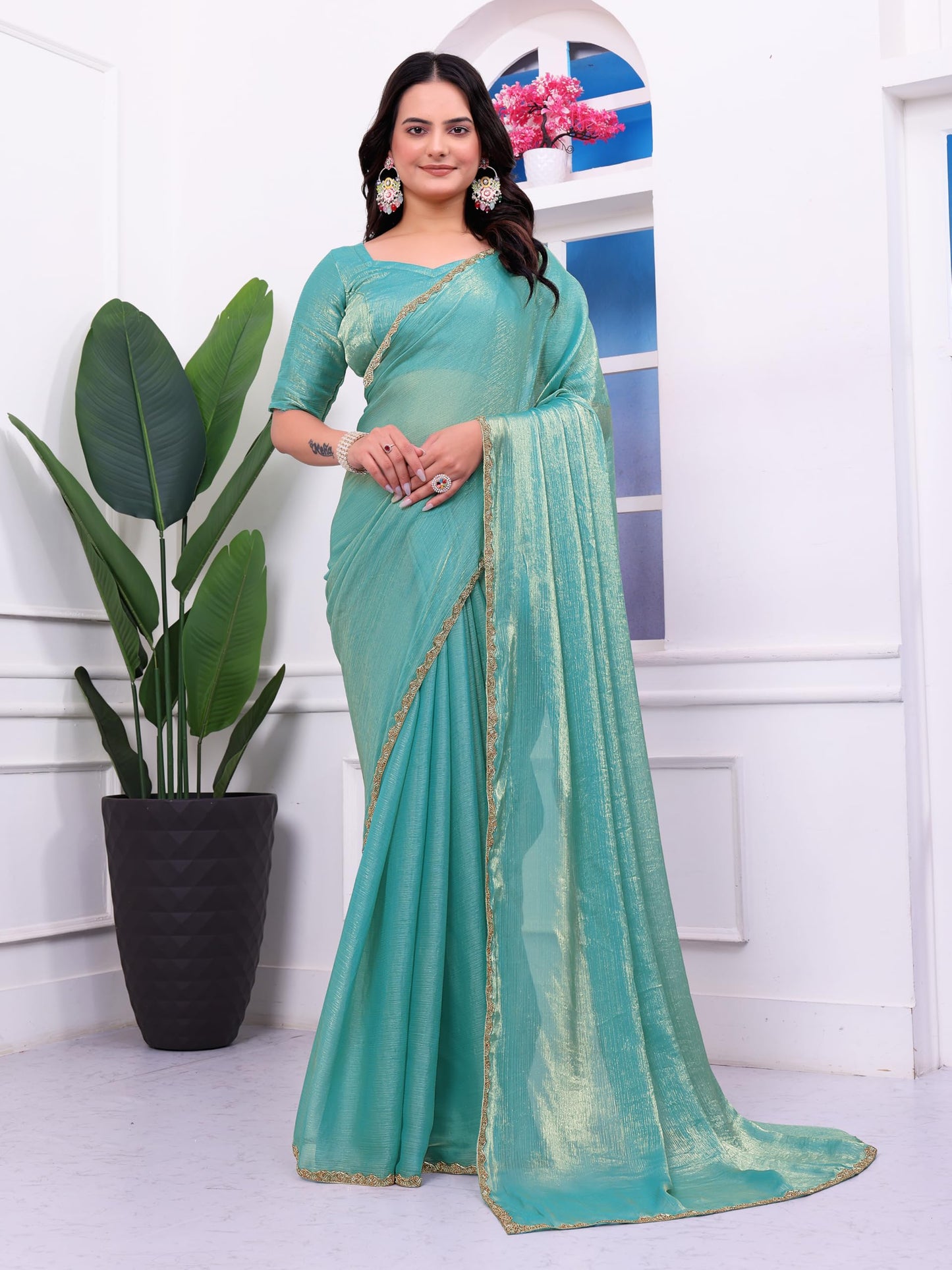Fluit Lesvetements Women's Shimmer Chiffon soft silk two tone saree with Lace Boarder Shiny Stone and Diamond Work Saree With Unstitched Blouse Piece(5.5 mt Saree with 0.8 mt blouse piece)