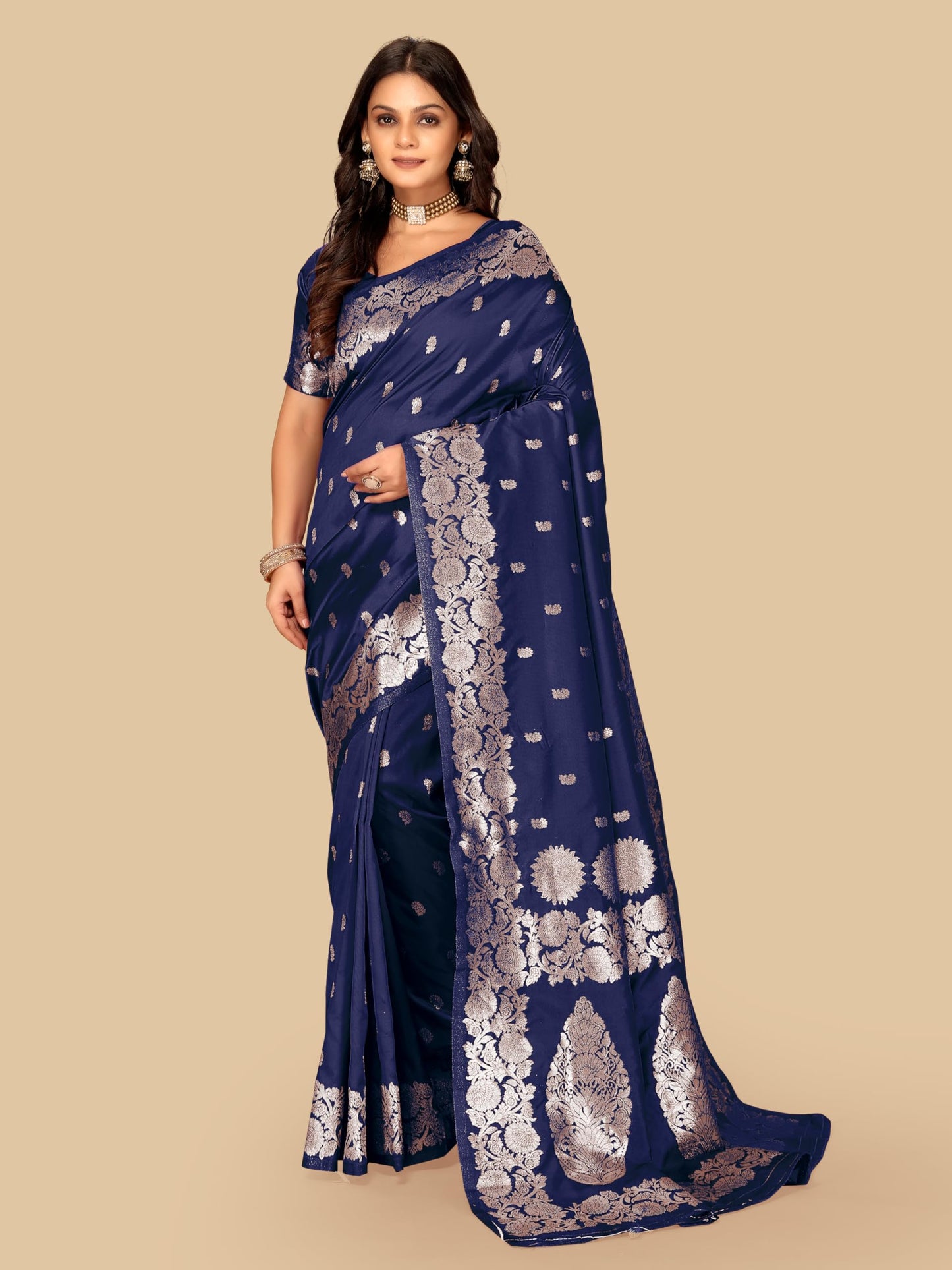 Fluit Lesvetements Women's Banarsi Silk Gajari Saree | Soft Banarasi Style Sari | Golden Meenakari Design & Zari Weaving Pallu |with unstiched Blouse Piece | for Festivals & Weddings