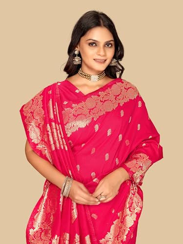 Fluit Lesvetements Women's Banarsi Silk Gajari Saree | Soft Banarasi Style Sari | Golden Meenakari Design & Zari Weaving Pallu |with unstiched Blouse Piece | for Festivals & Weddings