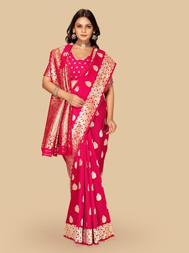 Fluit Lesvetements Women's Banarasi Silk Saree Gajari | Soft Pure Silk with Meenakari Zari Weaving | Traditional Wedding Saree with Unstitched Blouse Piece | for Festivals & Functions