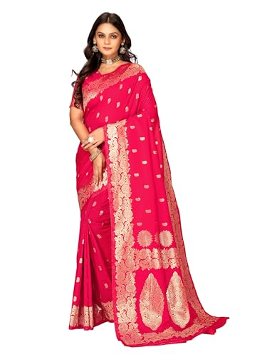 Fluit Lesvetements Women's Banarsi Silk Gajari Saree | Soft Banarasi Style Sari | Golden Meenakari Design & Zari Weaving Pallu |with unstiched Blouse Piece | for Festivals & Weddings