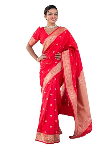 Fluit Lesvetements Pure Red Soft Banarsi Silk Weaving Rich Pallu & Zari Weaving Border Saree Saree for Women with Motif Design with unstiched Pure Soft Silk Weaving Blouse Piece (SONAKSHI_RED)