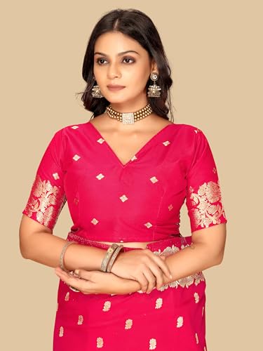 Fluit Lesvetements Women's Banarsi Silk Gajari Saree | Soft Banarasi Style Sari | Golden Meenakari Design & Zari Weaving Pallu |with unstiched Blouse Piece | for Festivals & Weddings