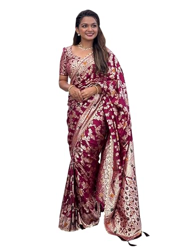 Fluit Lesvetements Pure Wine Soft Dolla Silk Meenakari Design Rich Tesseled Pallu & Zari Weaving Border Saree for Women with Unstiched Pure Soft Silk Weaving Blouse Piece (DOLLA_FLOWER_VALLEY)