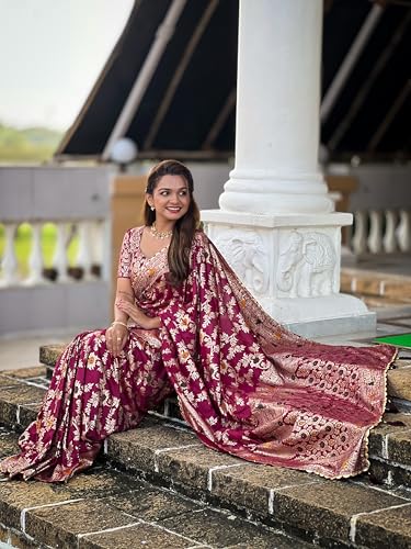 Fluit Lesvetements Pure Wine Soft Dolla Silk Meenakari Design Rich Tesseled Pallu & Zari Weaving Border Saree for Women with Unstiched Pure Soft Silk Weaving Blouse Piece (DOLLA_FLOWER_VALLEY)