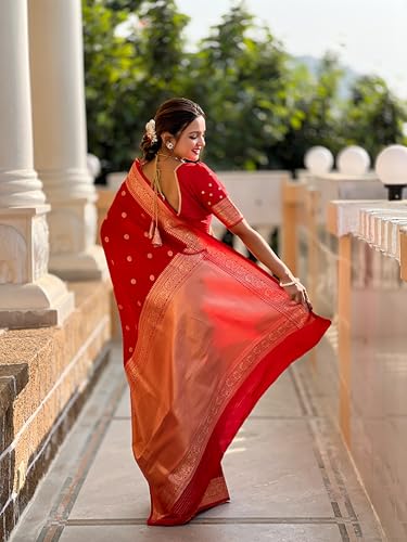 Fluit Lesvetements Pure Red Soft Banarsi Silk Weaving Rich Pallu & Zari Weaving Border Saree Saree for Women with Motif Design with unstiched Pure Soft Silk Weaving Blouse Piece (SONAKSHI_RED)