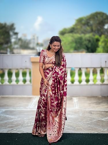 Fluit Lesvetements Pure Wine Soft Dolla Silk Meenakari Design Rich Tesseled Pallu & Zari Weaving Border Saree for Women with Unstiched Pure Soft Silk Weaving Blouse Piece (DOLLA_FLOWER_VALLEY)