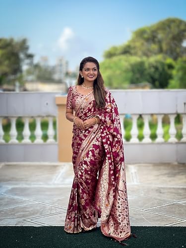 Fluit Lesvetements Pure Wine Soft Dolla Silk Meenakari Design Rich Tesseled Pallu & Zari Weaving Border Saree for Women with Unstiched Pure Soft Silk Weaving Blouse Piece (DOLLA_FLOWER_VALLEY)