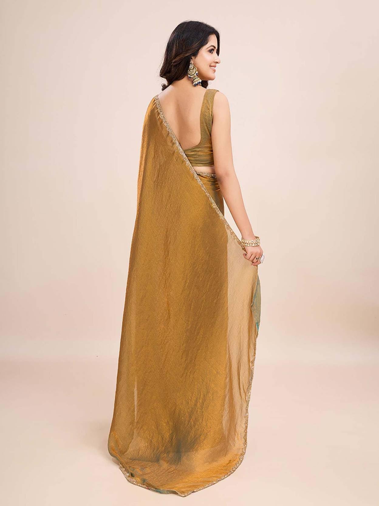 Fluit Lesvetements Women's Shimmer Chiffon soft silk two tone saree with Lace Boarder Shiny Stone and Diamond Work Saree With Unstitched Blouse Piece(5.5 mt Saree with 0.8 mt blouse piece)