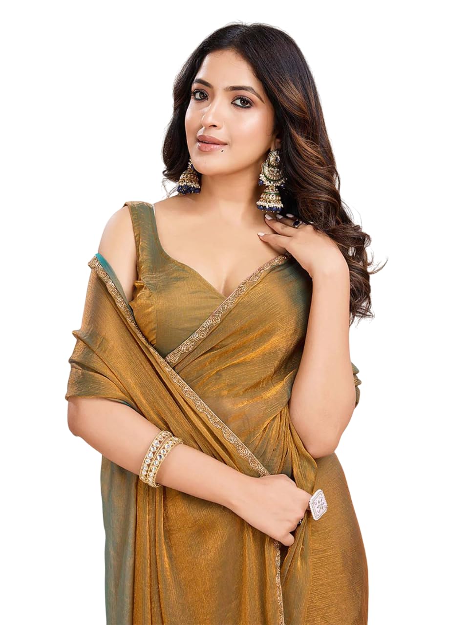 Fluit Lesvetements Women's Shimmer Chiffon soft silk two tone saree with Lace Boarder Shiny Stone and Diamond Work Saree With Unstitched Blouse Piece(5.5 mt Saree with 0.8 mt blouse piece)