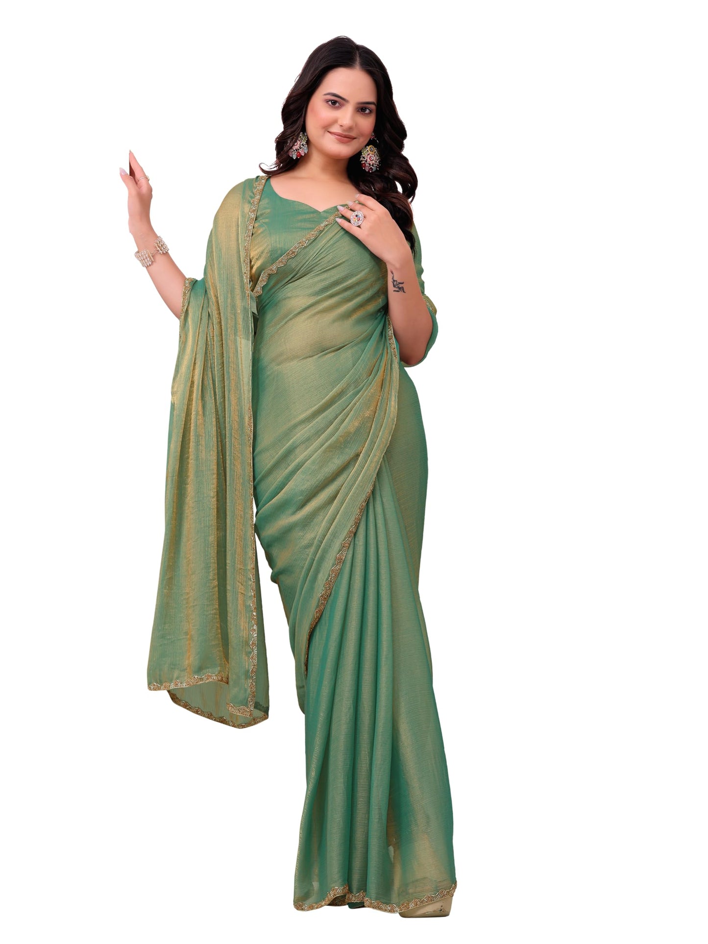 Fluit Lesvetements Women's Shimmer Chiffon soft silk two tone saree with Lace Boarder Shiny Stone and Diamond Work Saree With Unstitched Blouse Piece(5.5 mt Saree with 0.8 mt blouse piece)