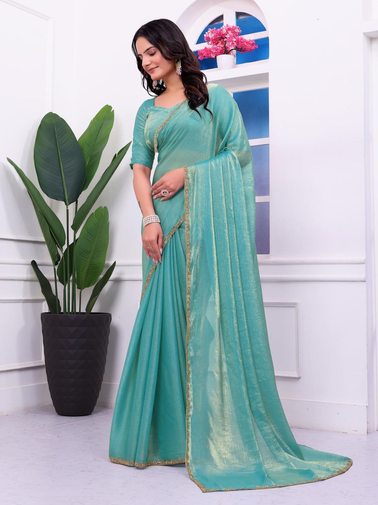 Fluit Lesvetements Women's Shimmer Chiffon soft silk two tone saree with Lace Boarder Shiny Stone and Diamond Work Saree With Unstitched Blouse Piece(5.5 mt Saree with 0.8 mt blouse piece)