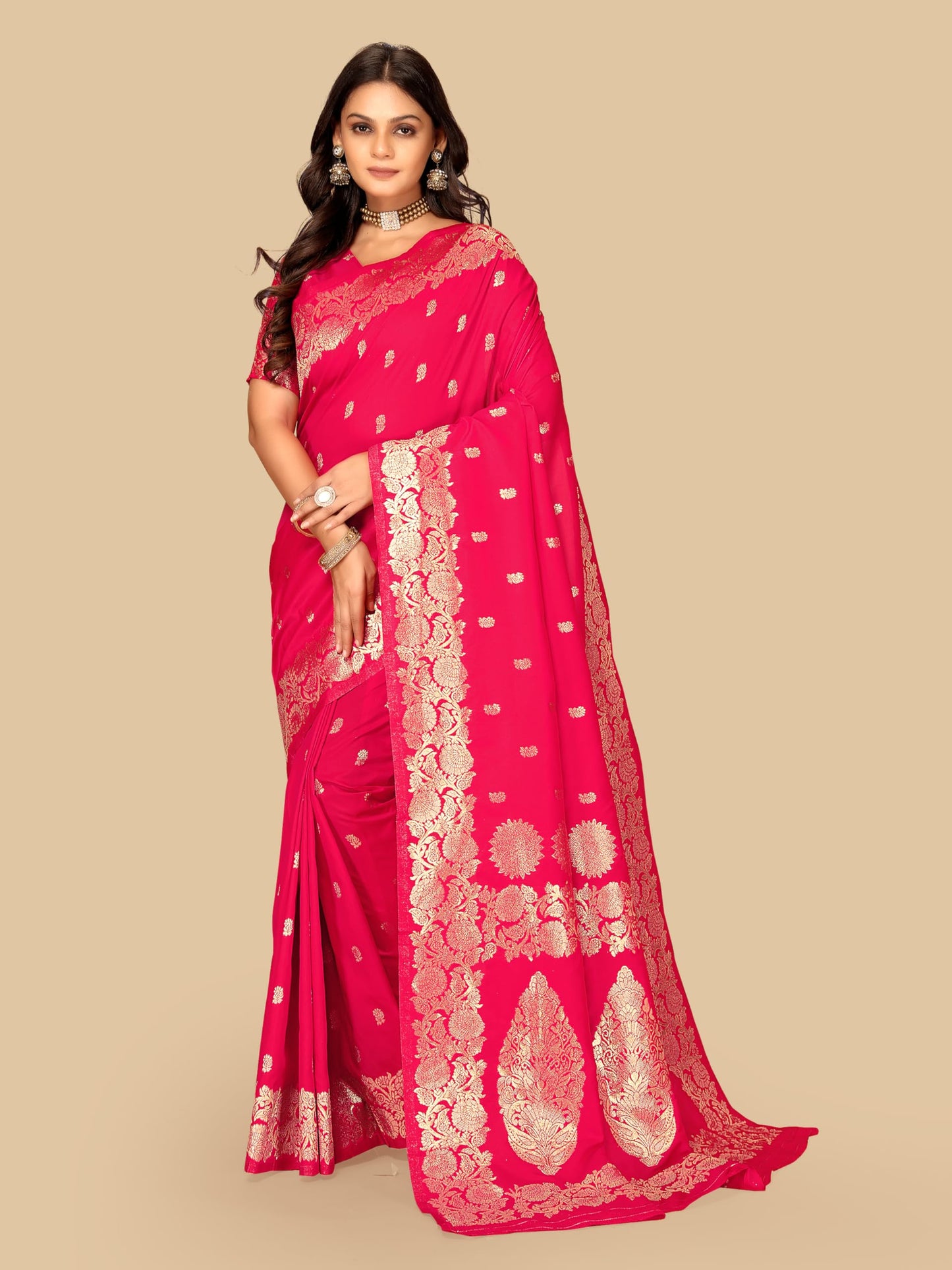 Fluit Lesvetements Women's Banarsi Silk Gajari Saree | Soft Banarasi Style Sari | Golden Meenakari Design & Zari Weaving Pallu |with unstiched Blouse Piece | for Festivals & Weddings