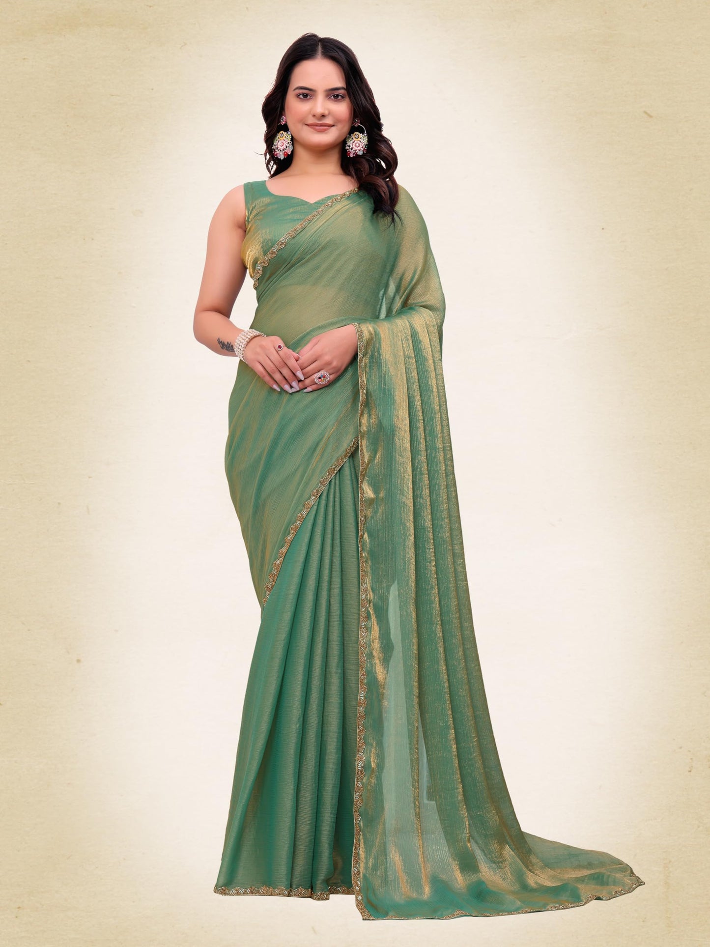Fluit Lesvetements Women's Shimmer Chiffon soft silk two tone saree with Lace Boarder Shiny Stone and Diamond Work Saree With Unstitched Blouse Piece(5.5 mt Saree with 0.8 mt blouse piece)