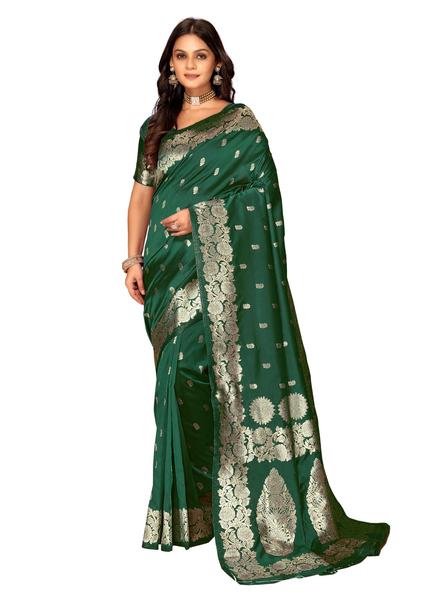 Fluit Lesvetements Women's Banarsi Silk Gajari Saree | Soft Banarasi Style Sari | Golden Meenakari Design & Zari Weaving Pallu |with unstiched Blouse Piece | for Festivals & Weddings