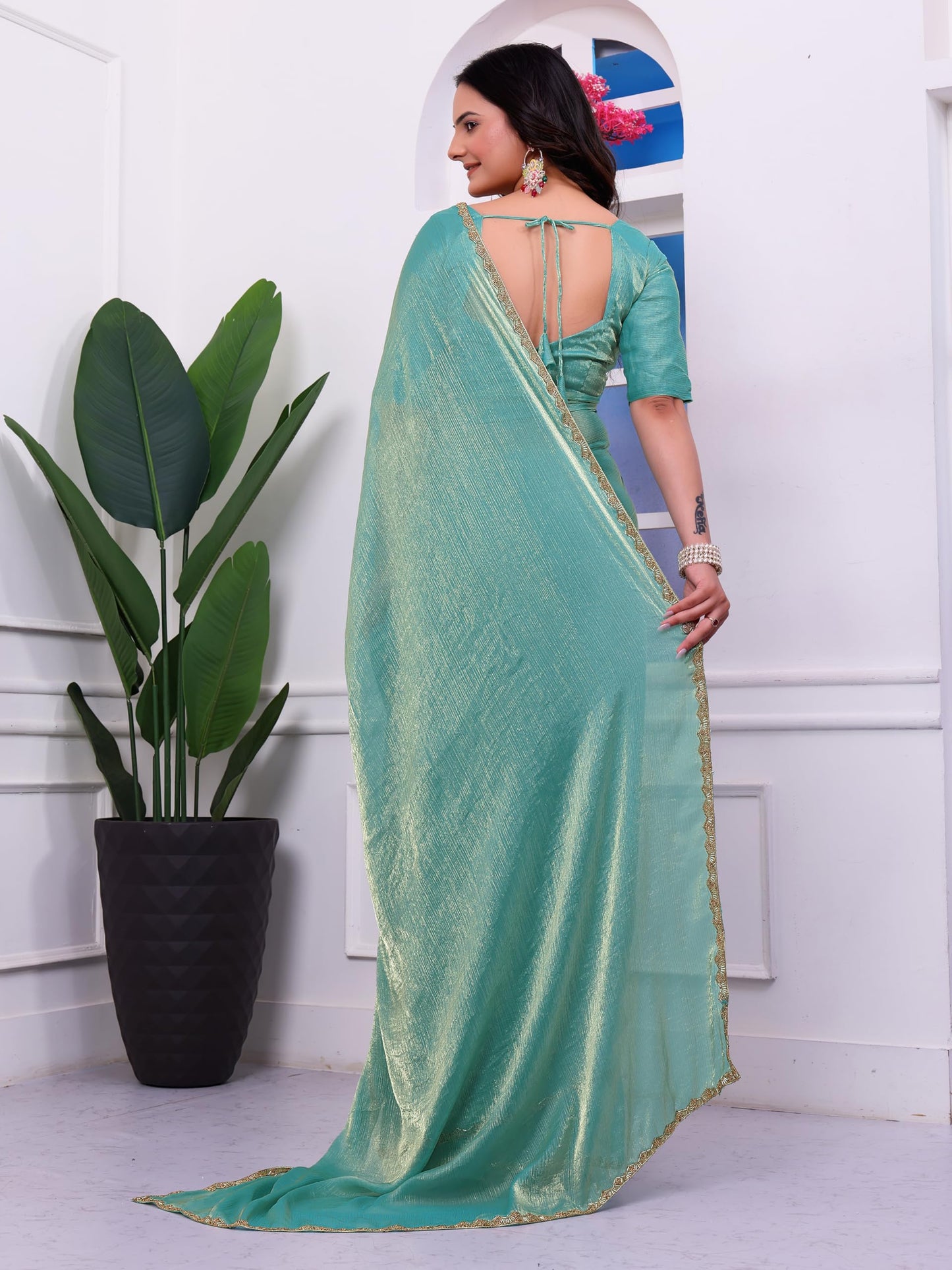 Fluit Lesvetements Women's Shimmer Chiffon soft silk two tone saree with Lace Boarder Shiny Stone and Diamond Work Saree With Unstitched Blouse Piece(5.5 mt Saree with 0.8 mt blouse piece)