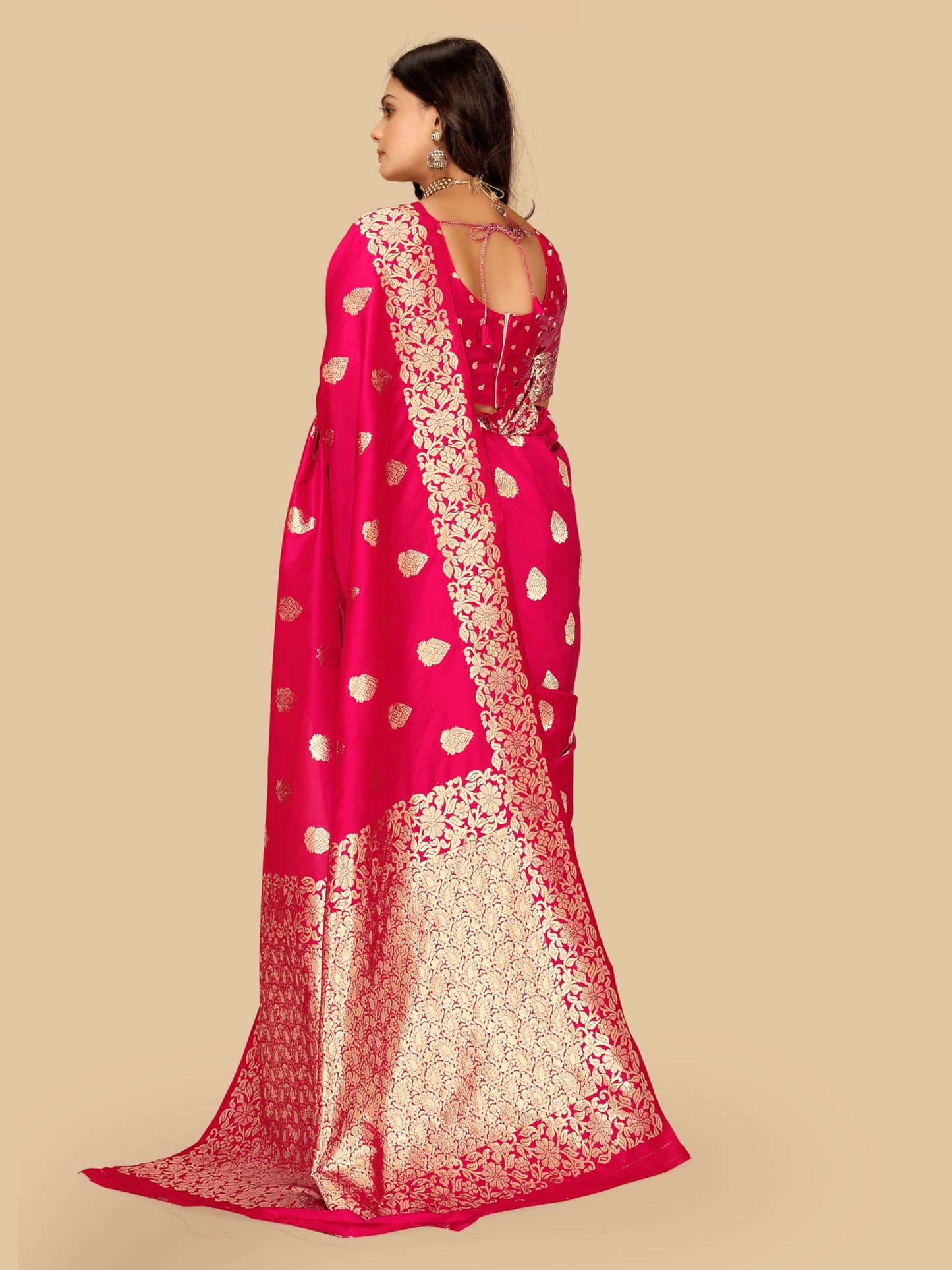 Fluit Lesvetements Women's Banarasi Silk Saree Gajari | Soft Pure Silk with Meenakari Zari Weaving | Traditional Wedding Saree with Unstitched Blouse Piece | for Festivals & Functions